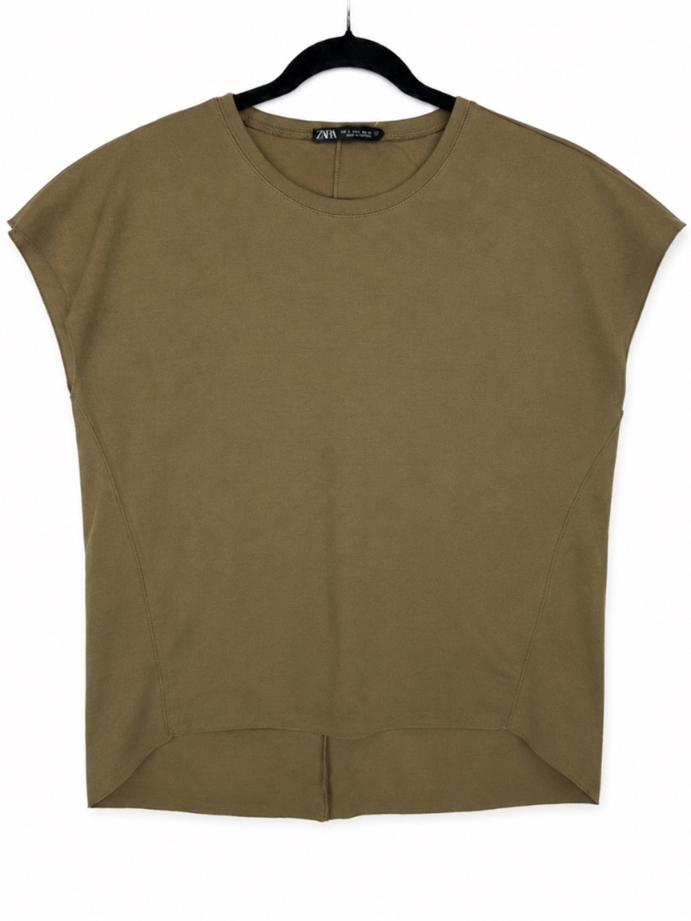 ZARA Women's Boxy Cap Sleeve T-Shirt Top Olive Green Khaki Crewneck S